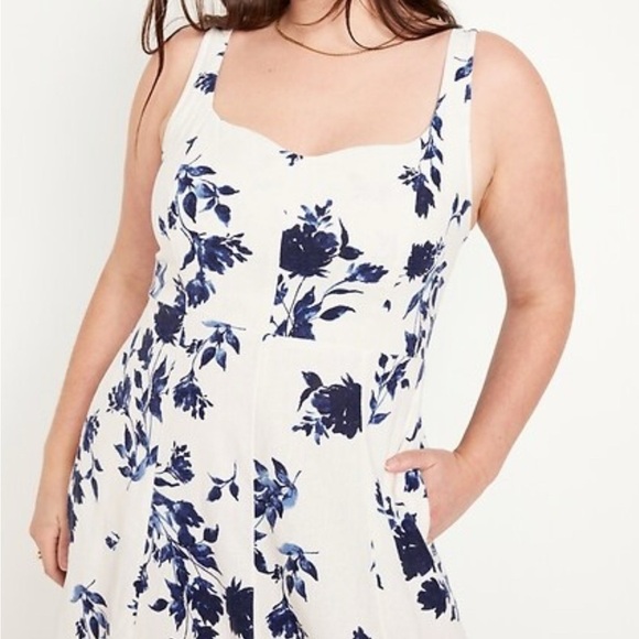 Blue and White Floral Fit & Flare Linen Blend Midi Dress Size Small Petite New - Picture 3 of 11